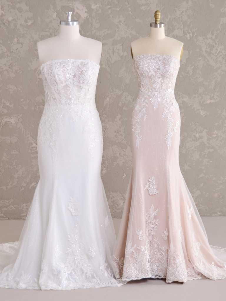 Two dresses are shown side by side, one white and the other pink.